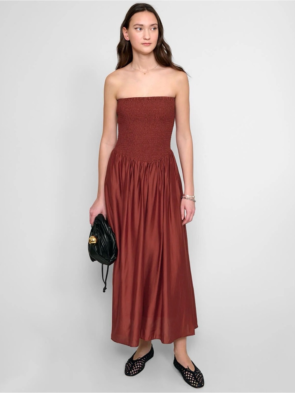 Pixie Market Smocked Strapless Maxi Dress in Paprika Red, sz M, new with tags